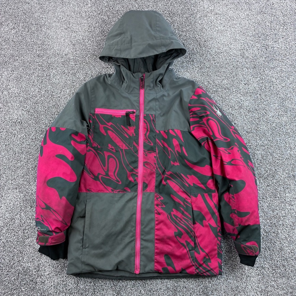 Spyder Ski Jacket Girls 12 Gray Pink Exo Shield Abstract Print Hooded Winter